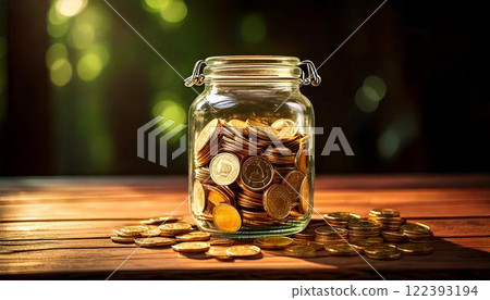 Coins in a glass jar Savings and savings image Generative AI 122393194