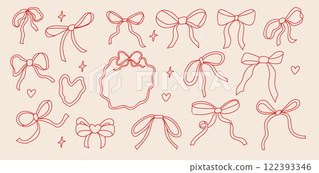 Collection of hand-drawn red bow designs showcasing various styles and shapes for decorative purposes 122393346