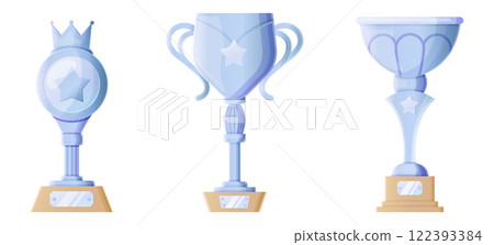 Multiple silver trophy icons featuring stars, crowns, and elegant shapes. Multiple silver trophy icons featuring stars, crowns, and elegant shapes. 122393384