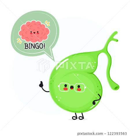Gallbladder with speech bubble and brain character. Vector hand drawn cartoon kawaii character illustration. Isolated white background. Gallbladder poster and brain 122393563