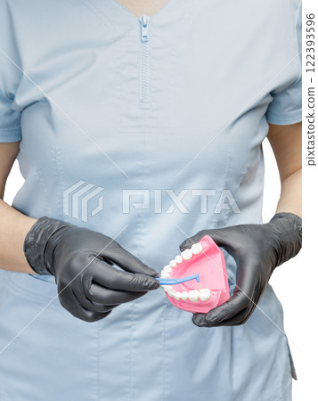 Dentist with interdental toothpick brush and layout of the human jaw. 122393596