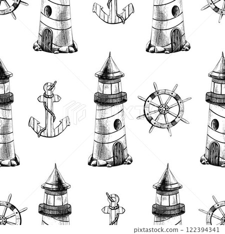 Marine theme with striped lighthouse, ship wheel and anchor. Graphic illustration line art in black and white monochrome, hand drawn with ink. Seamless simple pattern 122394341