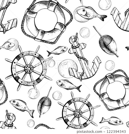 Marine theme with ship wheel, lifebuoy, fish, bubbles, hitchhiker and anchor. Graphic illustration line art in black and white monochrome, hand drawn with ink. Seamless pattern 122394343