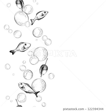 Cute fish with float and bubbles in marine theme. Graphic illustration line art in black and white monochrome, hand drawn with ink. Seamless border vertical pattern. Cute fish with float and bubbles in marine theme. Graphic illustration line art in black and white monochrome, hand drawn with ink. Seamless border vertical pattern. 122394344
