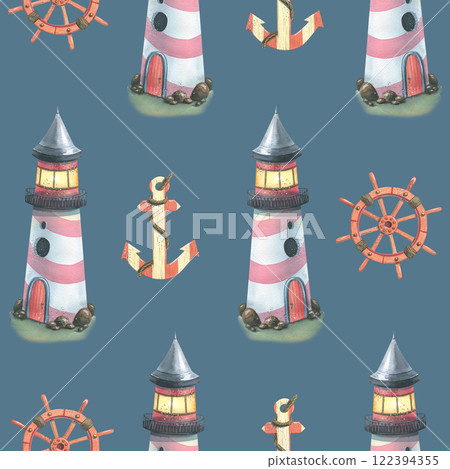 Seamless marine pattern on a white background with lighthouses, steering wheels and anchors. Watercolor illustration. For fabric, textiles, wallpaper, paper, packaging, children's products Seamless marine pattern on a white background with lighthouses, steering wheels and anchors. Watercolor illustration. For fabric, textiles, wallpaper, paper, packaging, children's products 122394355