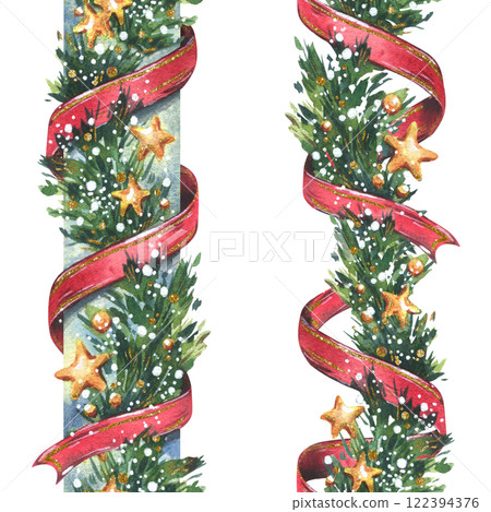 Garland decoration Christmas, New Year with green fir tree branches, red twisting ribbons, golden stars and snow. Watercolor hand-drawn illustration. Set of seamless borders isolated from background Garland decoration Christmas, New Year with green fir tree branches, red twisting ribbons, golden stars and snow. Watercolor hand-drawn illustration. Set of seamless borders isolated from background 122394376
