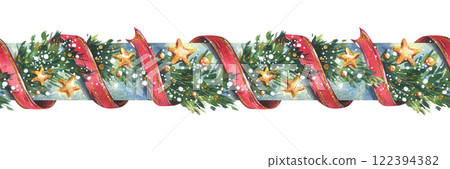 Garland decoration Christmas, New Year with green fir tree branches, red twisting ribbons, golden stars and snow. Watercolor hand drawn illustration. Seamless border isolated from background 122394382