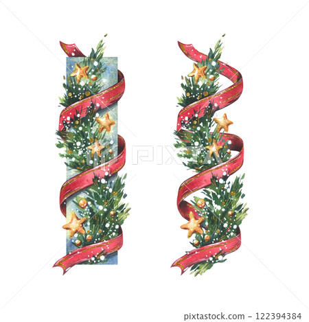Garland decoration Christmas, New Year with green fir tree branches, red twisting ribbons, golden stars and snow. Watercolor hand-drawn illustration. Set of borders isolated from background 122394384