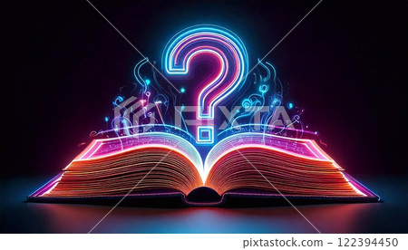 Neon book with glowing question mark symbolizing knowledge and curiosity Neon book with glowing question mark symbolizing knowledge and curiosity 122394450