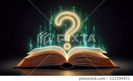 Neon book with glowing question mark symbolizes curiosity and seeking knowledge in the dark 122394451