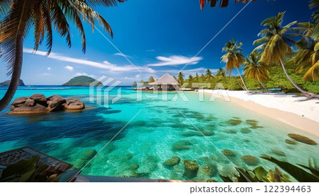 Tropical paradise with clear waters and sandy beach on a sunny day 122394463
