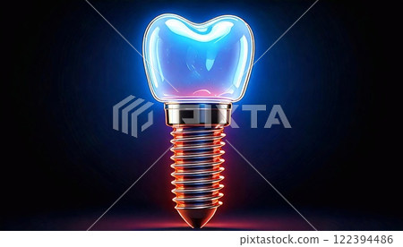 Dental implant displayed in neon lights against isolated dark background Dental implant displayed in neon lights against isolated dark background 122394486