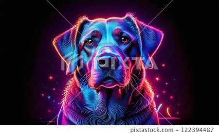 Colorful neon dog portrait celebrates birthday party in vibrant style 122394487