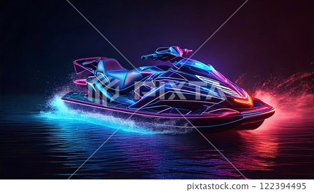 Colorful neon jet ski racing over water at night, showcasing dynamic design and vibrant lights Colorful neon jet ski racing over water at night, showcasing dynamic design and vibrant lights 122394495