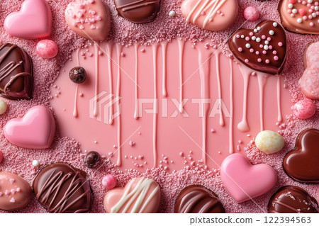 Melted chocolate and pink background 122394563