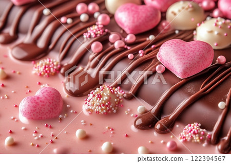 Melted chocolate and pink background 122394567