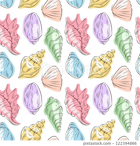 Seamless seashell pattern with shells in flat style. Hand drawn summer sea themed design for textile, wrapping, card, background. Seamless seashell pattern with shells in flat style. Hand drawn summer sea themed design for textile, wrapping, card, background. 122394866