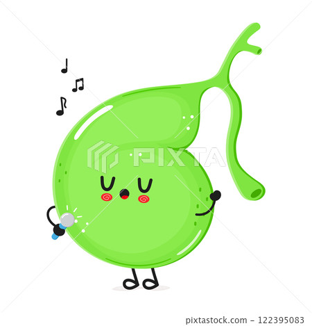 Gallbladder sings into a microphone character. Vector hand drawn cartoon kawaii character illustration icon. Isolated on white background. Gallbladder character concept 122395083