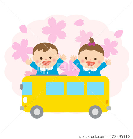 花園裡穿著櫻花背景和煙霧的男女兒童搭乘公車 122395310