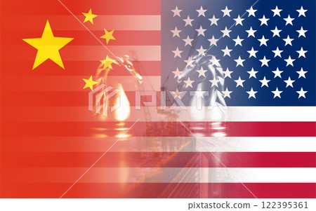 US America and China flags on chess on a chessboard, USA and China trade relations, US and China trade war, Symbol of tariff trade war tax barrier between United States of America and China. US America and China flags on chess on a chessboard, USA and China trade relations, US and China trade war, Symbol of tariff trade war tax barrier between United States of America and China. 122395361