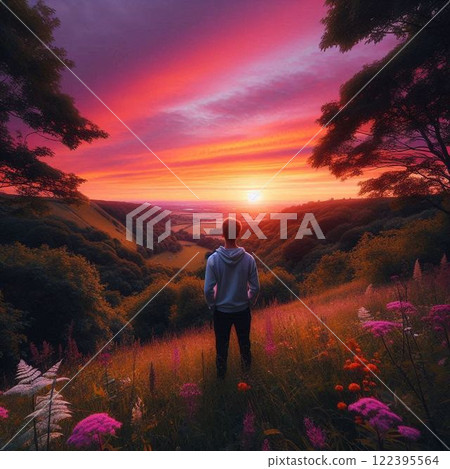 一個人從山頂看日落的後視圖 122395564