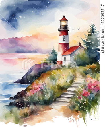 Lighthouse on the seashore at sunset, watercolour. Vector illustration Lighthouse on the seashore at sunset, watercolour. Vector illustration 122395747