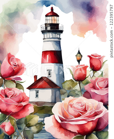 Lighthouse and flowers: chamomile, rose, pansy, water lily. Vector watercolor illustration 122395797