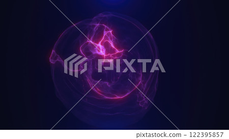 Purple glowing abstract sphere shape resembling energy waves on a dark background 122395857