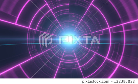 Purple neon tunnel with glowing concentric lines and radiant central light, evoking a sci-fi, immersive atmosphere with a futuristic and digital appeal background 122395858