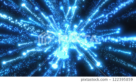 A dazzling burst of bright blue light particles extending outward in all directions, evoking a sense of energy, motion, and the vastness of space in an abstract digital form A dazzling burst of bright blue light particles extending outward in all directions, evoking a sense of energy, motion, and the vastness of space in an abstract digital form 122395859