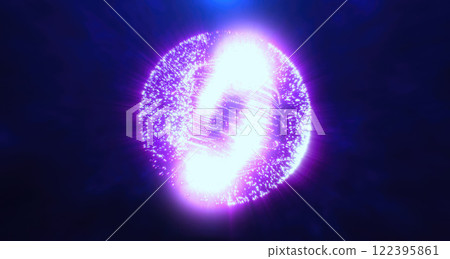 Vibrant purple sphere of light particles in motion on a dark background, creating a sense of cosmic energy and futuristic innovation Vibrant purple sphere of light particles in motion on a dark background, creating a sense of cosmic energy and futuristic innovation 122395861