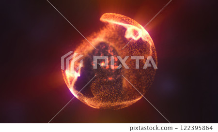 Fiery orange-red glowing sphere surrounded by dynamic particles and heat pattern futuristic background 122395864