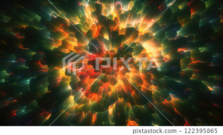 Vibrant digital explosion with glowing red and gold particles radiating from a central point, resembling a cosmic burst 122395865
