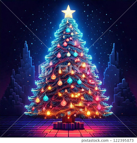 Colorful neon pixel Christmas tree with bright lights in a festive atmosphere Colorful neon pixel Christmas tree with bright lights in a festive atmosphere 122395873