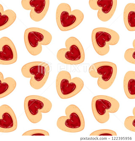 Seamless pattern with heart shaped cookie with strawberry jam in cartoon style. Love symbol of linzer cookie for Valentine Day holiday for bakery design background, wrapping paper. Seamless pattern with heart shaped cookie with strawberry jam in cartoon style. Love symbol of linzer cookie for Valentine Day holiday for bakery design background, wrapping paper. 122395956