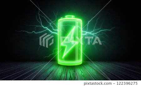 Bright green neon battery with thunderstorm icon illuminated against a dark background 122396275