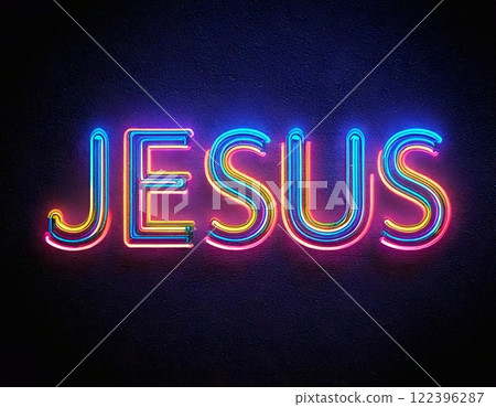 Colorful neon inscription of Jesus illuminating a dark background at night 122396287