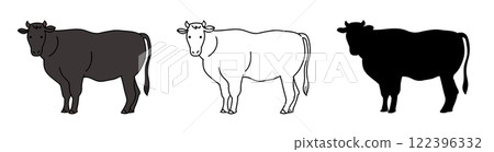 手繪向量插圖集黑牛。以卡通風格描繪日本黑牛的圖示。 122396332