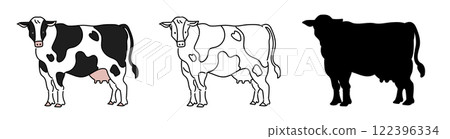 Holstein vector illustration set. Black and white patterned cow icons in cartoon style. Holstein vector illustration set. Black and white patterned cow icons in cartoon style. 122396334