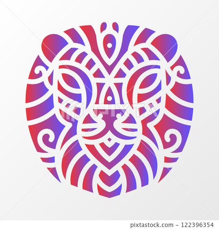 Stylized tiger face illustration enclosed in a circular design, featuring intricate tribal patterns and vibrant red-blue gradient colors. Symmetrical Tiger Face with Tribal Patterns 122396354