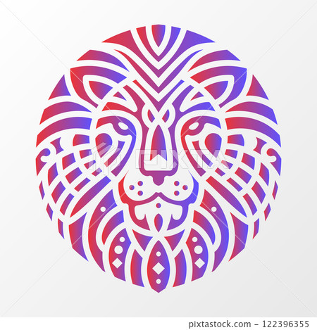 Detailed lion head illustration enclosed in a circular shape, featuring intricate tribal patterns and a red-blue gradient color scheme. Abstract Lion Head in Circular Tribal Design 122396355