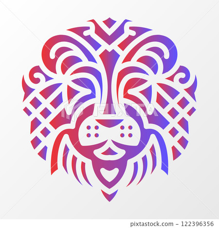 Abstract lion face illustration with ornate tribal patterns, bold geometric shapes, and a vibrant red-blue gradient on white. Intricate Lion Face with Tribal Patterns 122396356