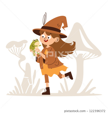 A cheerful cartoon witch girl running joyfully while holding a green frog, set against a backdrop of whimsical mushrooms. Happy Witch Girl Running with Frog A cheerful cartoon witch girl running joyfully while holding a green frog, set against a backdrop of whimsical mushrooms. Happy Witch Girl Running with Frog 122396372