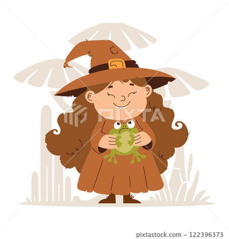 A cute cartoon witch girl with long curly hair holding a green frog, standing in front of large whimsical mushrooms. Smiling Witch Girl Holding Green Frog A cute cartoon witch girl with long curly hair holding a green frog, standing in front of large whimsical mushrooms. Smiling Witch Girl Holding Green Frog 122396373