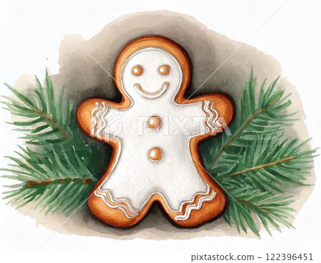 Colorful Christmas cookies shaped like a happy gingerbread man on pine branches 122396451