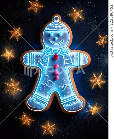 Unique neon man-shaped Christmas cookies decorated with stars for holiday festivities 122396452