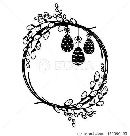 Hand-drawn round decorative frame made of willow, Easter eggs and floral elements Hand-drawn round decorative frame made of willow, Easter eggs and floral elements 122396465