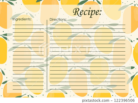 Recipe card template, juicy fruits blank. Cartoon recipe card template illustration Recipe card template, juicy fruits blank. Cartoon recipe card template illustration 122396506