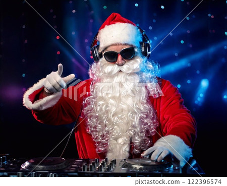 Santa entertaining the crowd as a DJ in a lively nightclub during a festive event 122396574