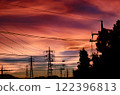 A typical Japanese town skyline with a tangle of steel towers and power lines 122396813